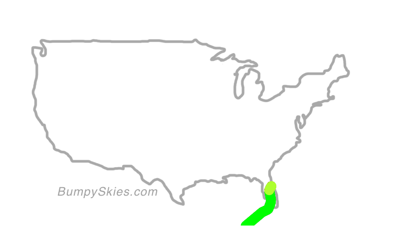Map of continental US with illustrated flight path and turbulence forecast (described in text below)