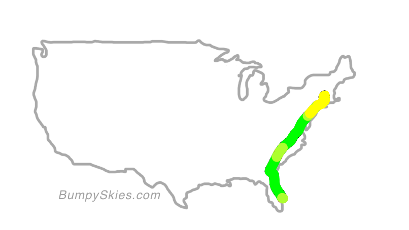 Map of continental US with illustrated flight path and turbulence forecast (described in text below)