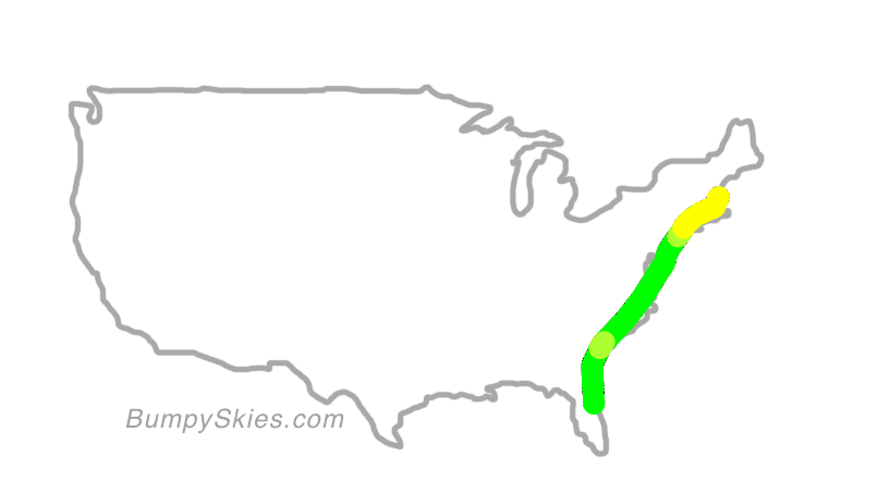 Map of continental US with illustrated flight path and turbulence forecast (described in text below)
