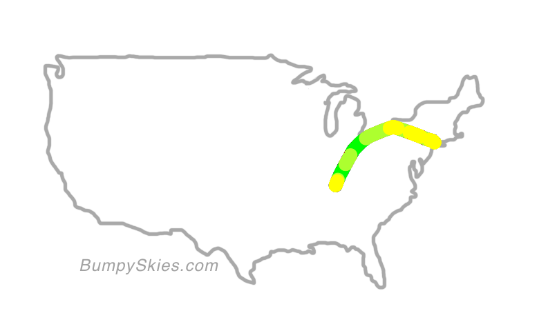 Map of continental US with illustrated flight path and turbulence forecast (described in text below)