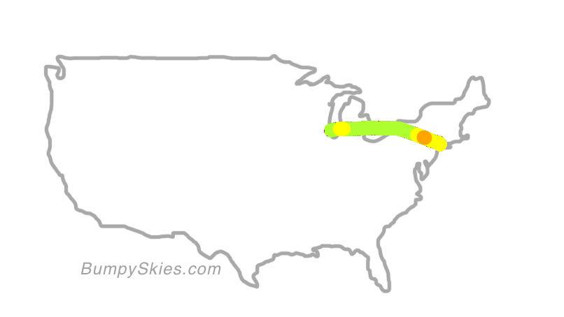 Map of continental US with illustrated flight path and turbulence forecast (described in text below)