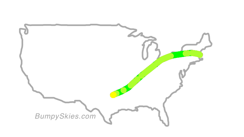 Map of continental US with illustrated flight path and turbulence forecast (described in text below)