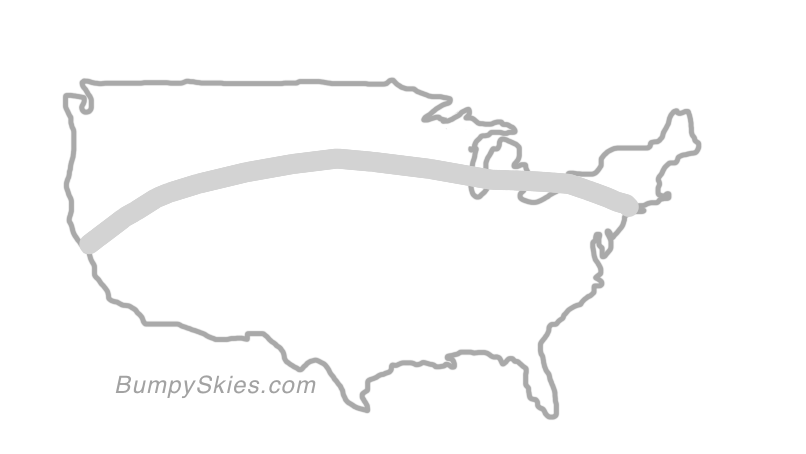 Map of continental US with illustrated flight path and turbulence forecast (described in text below)