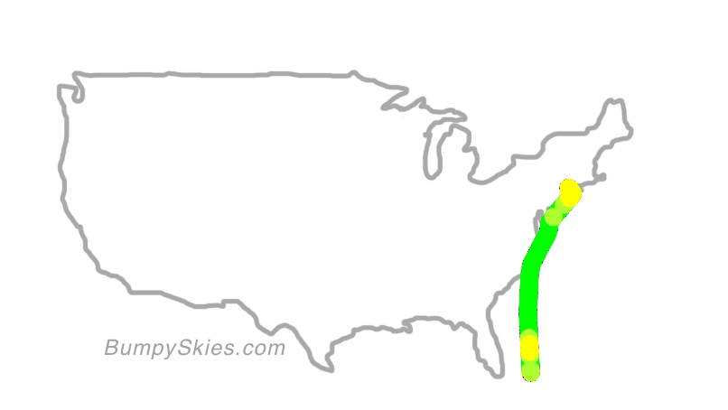 Map of continental US with illustrated flight path and turbulence forecast (described in text below)