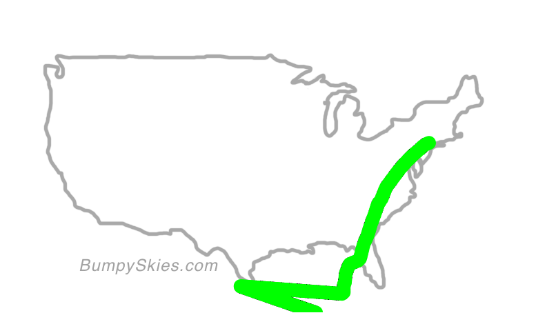 Map of continental US with illustrated flight path and turbulence forecast (described in text below)