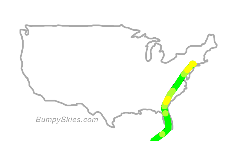 Map of continental US with illustrated flight path and turbulence forecast (described in text below)