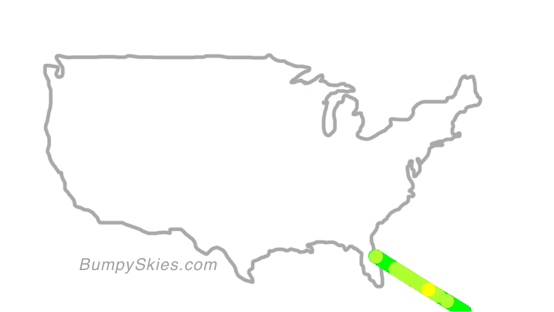Map of continental US with illustrated flight path and turbulence forecast (described in text below)