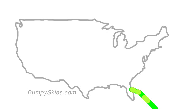Map of continental US with illustrated flight path and turbulence forecast (described in text below)
