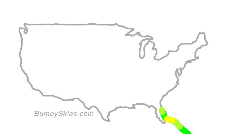 Map of continental US with illustrated flight path and turbulence forecast (described in text below)