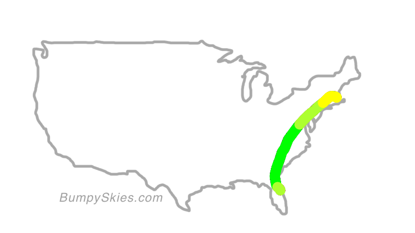Map of continental US with illustrated flight path and turbulence forecast (described in text below)