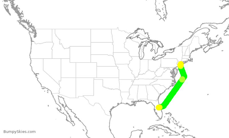 Turbulence forecast map for JBU1284, MCO to JFK