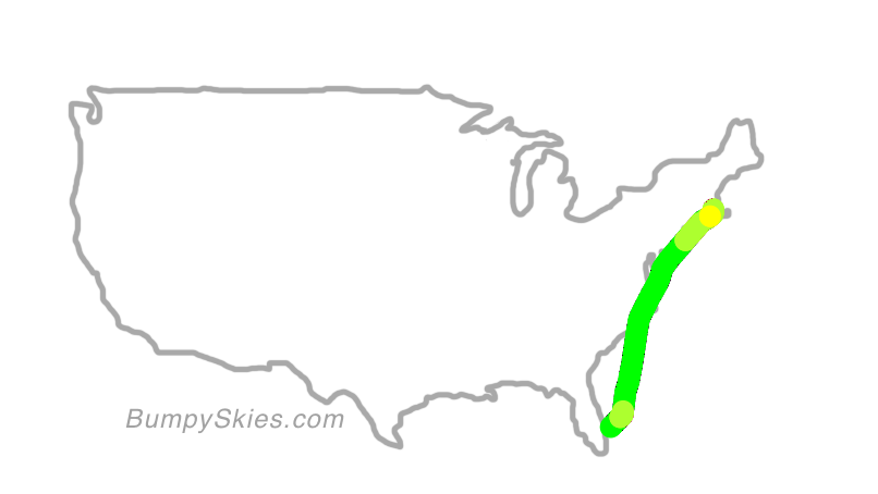 Map of continental US with illustrated flight path and turbulence forecast (described in text below)