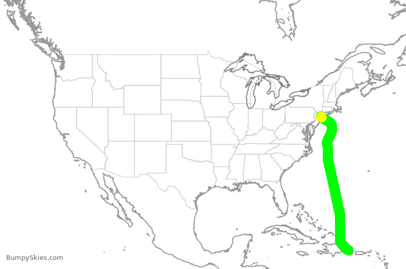 Turbulence forecast map for JBU1289, JFK to DPC