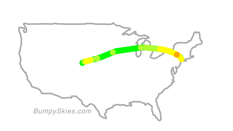 Map of continental US with illustrated flight path and turbulence forecast (described in text below)
