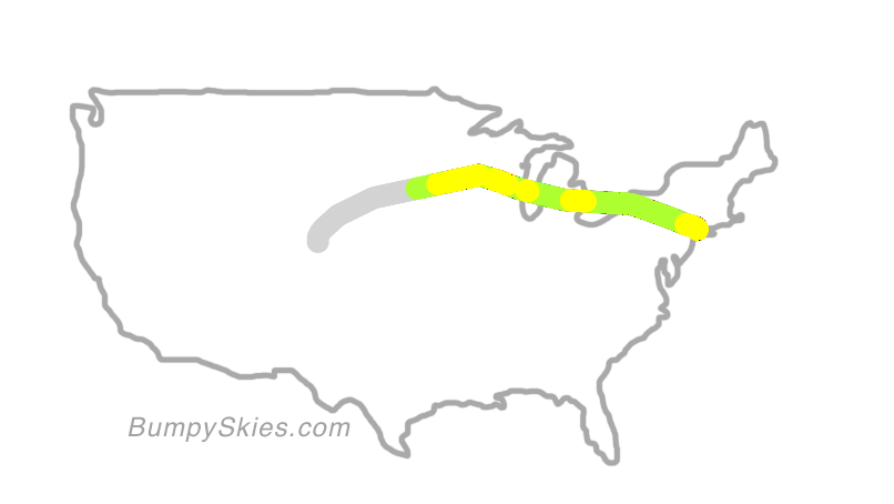 Map of continental US with illustrated flight path and turbulence forecast (described in text below)