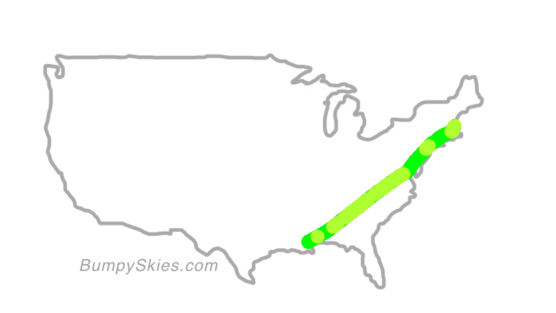 Map of continental US with illustrated flight path and turbulence forecast (described in text below)