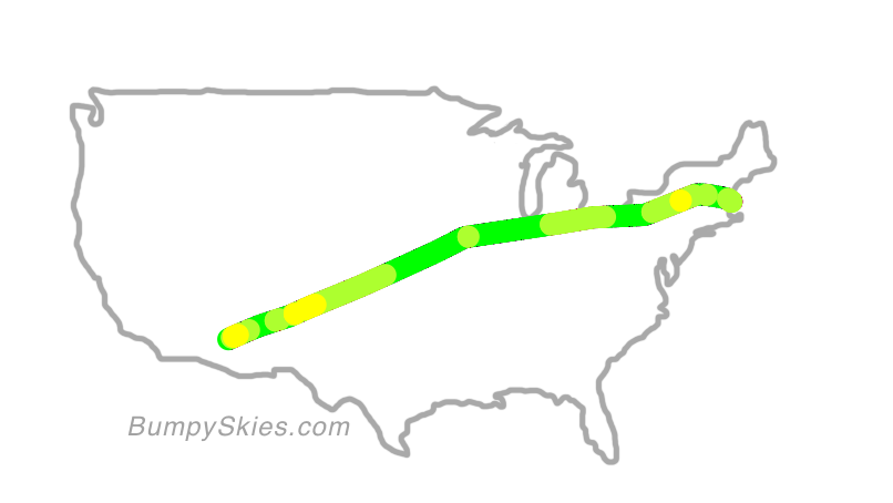 Map of continental US with illustrated flight path and turbulence forecast (described in text below)