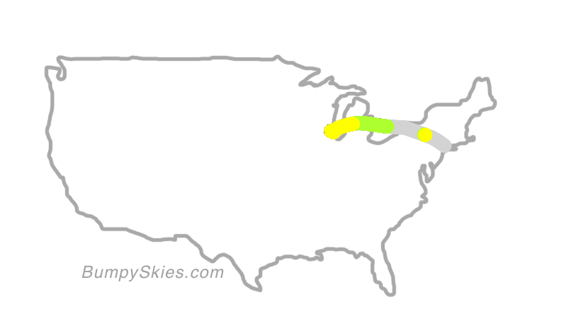 Map of continental US with illustrated flight path and turbulence forecast (described in text below)