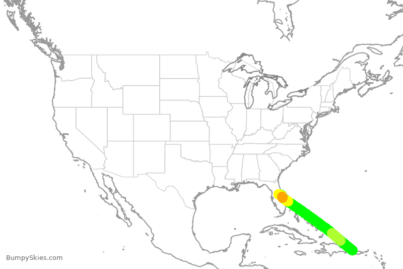 Turbulence forecast map for JBU130, MCO to BQN