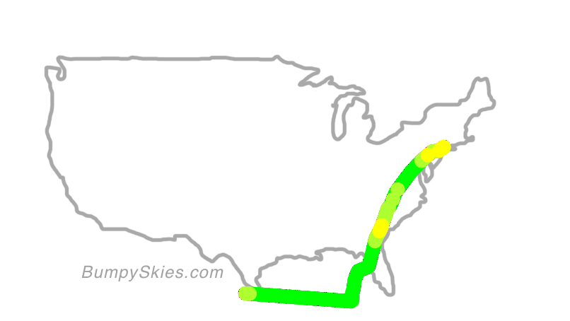 Map of continental US with illustrated flight path and turbulence forecast (described in text below)