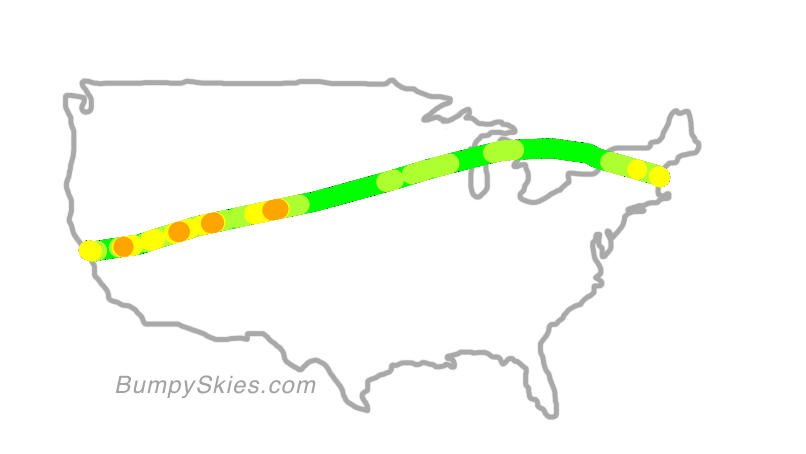 Map of continental US with illustrated flight path and turbulence forecast (described in text below)