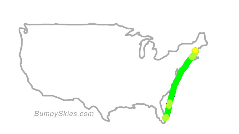 Map of continental US with illustrated flight path and turbulence forecast (described in text below)