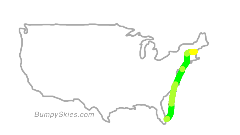 Map of continental US with illustrated flight path and turbulence forecast (described in text below)