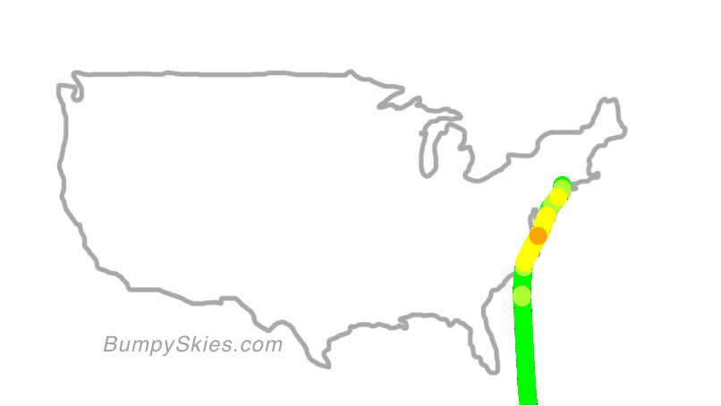 Map of continental US with illustrated flight path and turbulence forecast (described in text below)