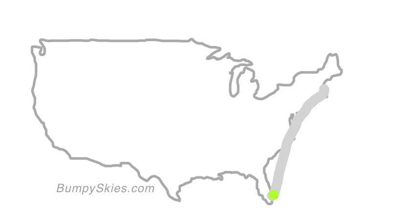 Map of continental US with illustrated flight path and turbulence forecast (described in text below)