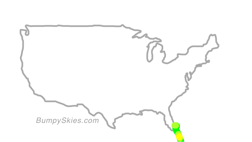 Map of continental US with illustrated flight path and turbulence forecast (described in text below)