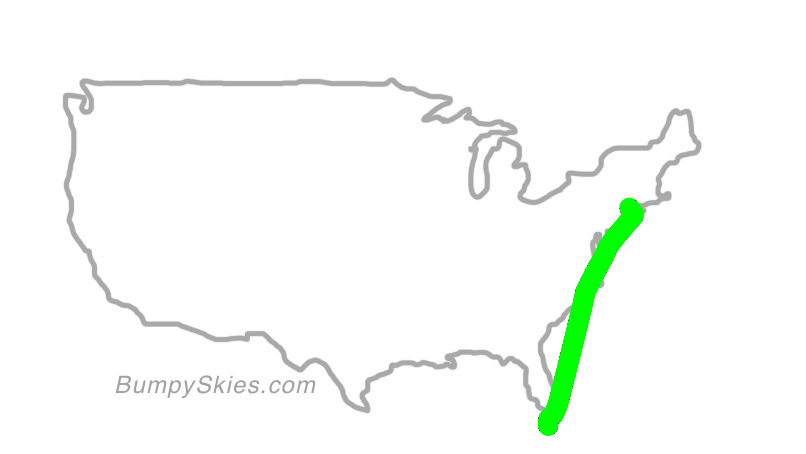 Map of continental US with illustrated flight path and turbulence forecast (described in text below)