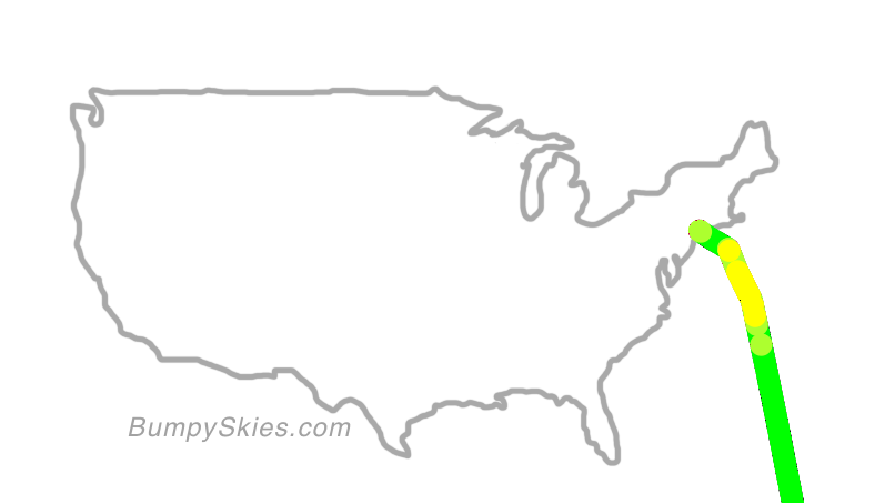Map of continental US with illustrated flight path and turbulence forecast (described in text below)