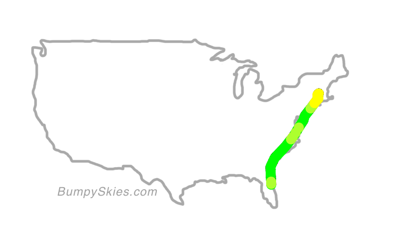 Map of continental US with illustrated flight path and turbulence forecast (described in text below)