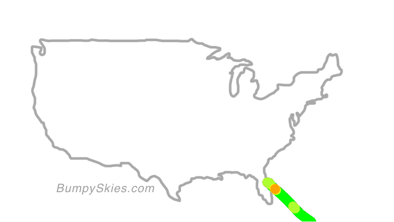 Map of continental US with illustrated flight path and turbulence forecast (described in text below)