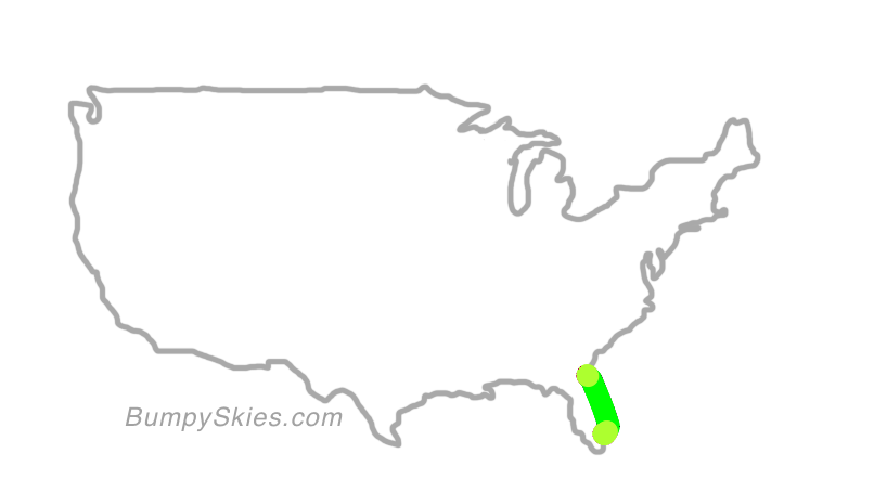 Map of continental US with illustrated flight path and turbulence forecast (described in text below)