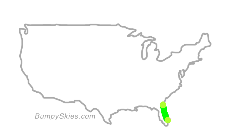 Map of continental US with illustrated flight path and turbulence forecast (described in text below)