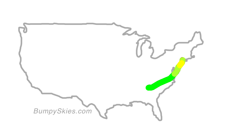 Map of continental US with illustrated flight path and turbulence forecast (described in text below)