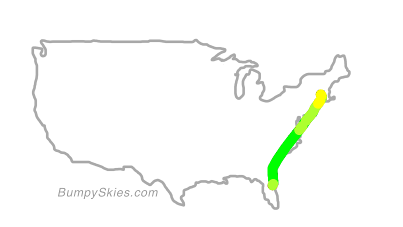Map of continental US with illustrated flight path and turbulence forecast (described in text below)