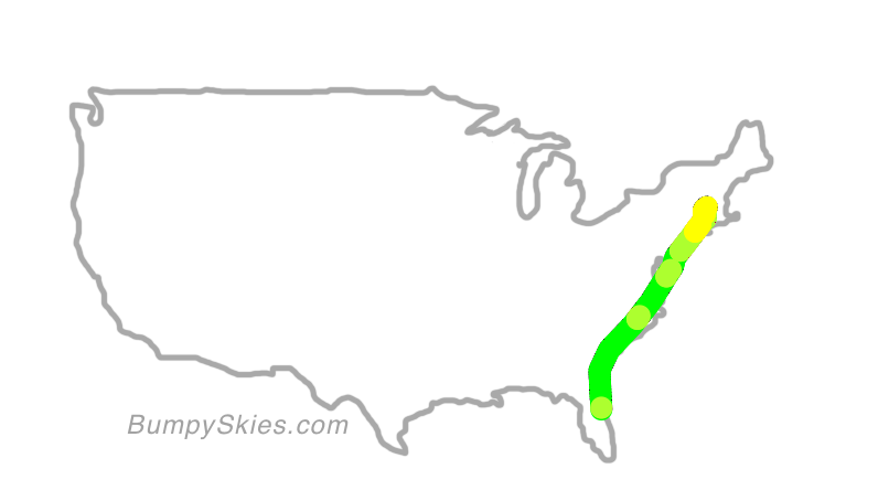 Map of continental US with illustrated flight path and turbulence forecast (described in text below)