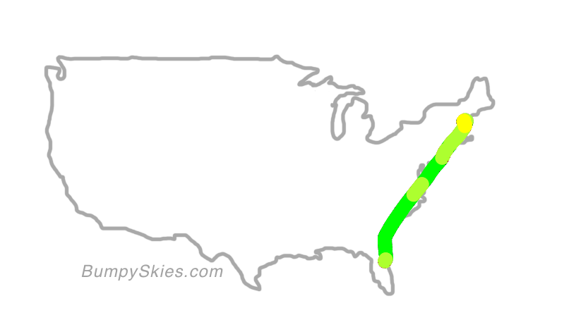 Map of continental US with illustrated flight path and turbulence forecast (described in text below)
