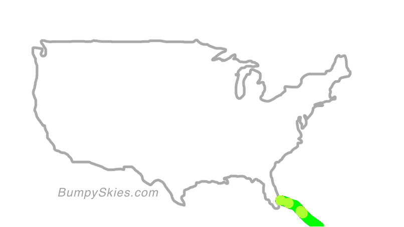 Map of continental US with illustrated flight path and turbulence forecast (described in text below)