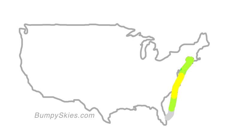 Map of continental US with illustrated flight path and turbulence forecast (described in text below)