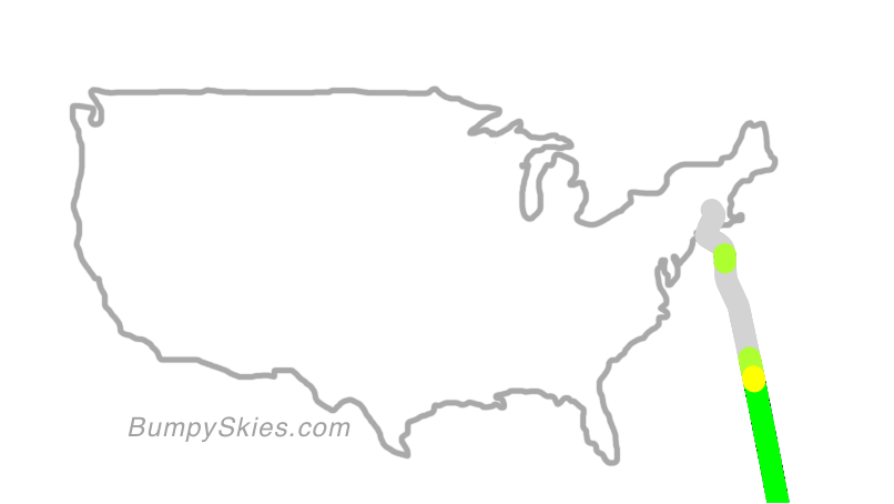 Map of continental US with illustrated flight path and turbulence forecast (described in text below)