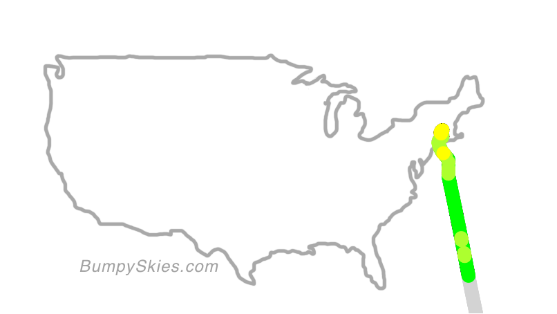 Map of continental US with illustrated flight path and turbulence forecast (described in text below)