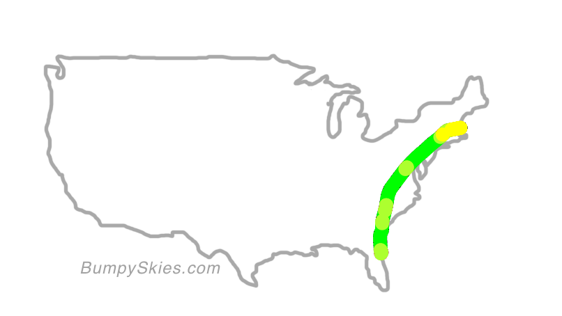 Map of continental US with illustrated flight path and turbulence forecast (described in text below)