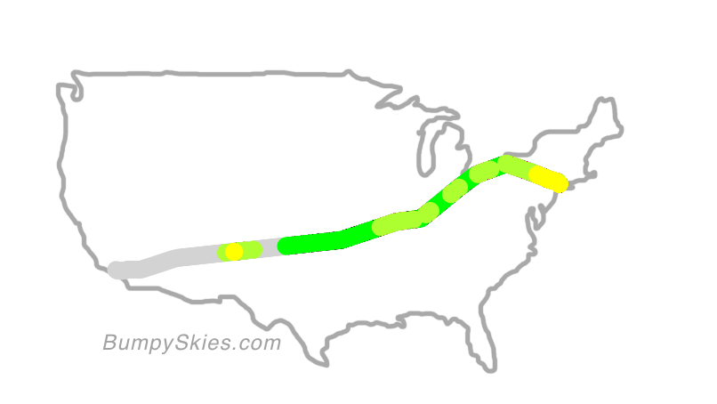 Map of continental US with illustrated flight path and turbulence forecast (described in text below)