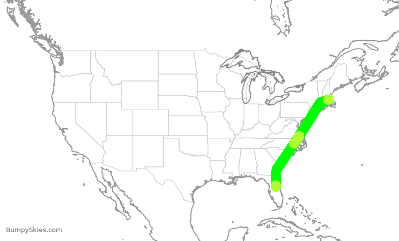 Turbulence forecast map for JBU1531, BOS to MCO