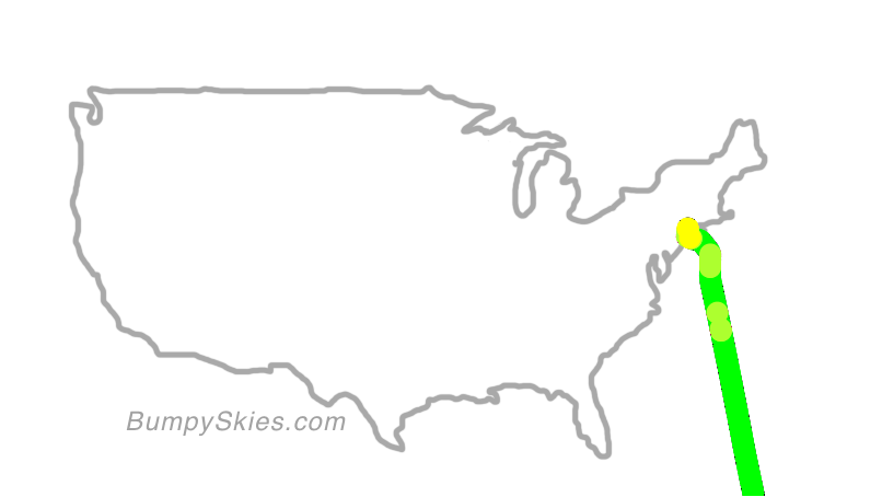 Map of continental US with illustrated flight path and turbulence forecast (described in text below)