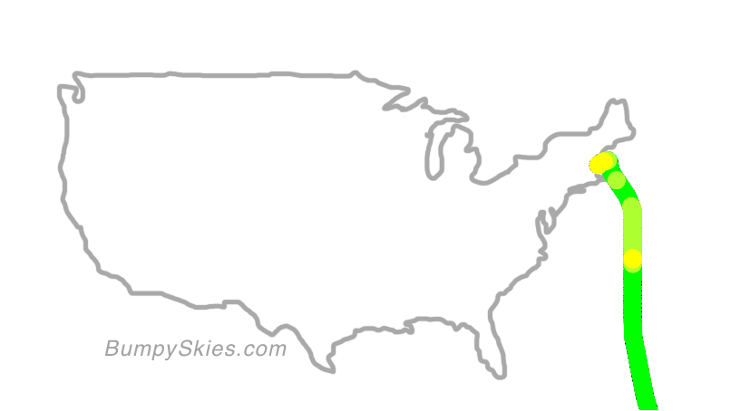 Map of continental US with illustrated flight path and turbulence forecast (described in text below)