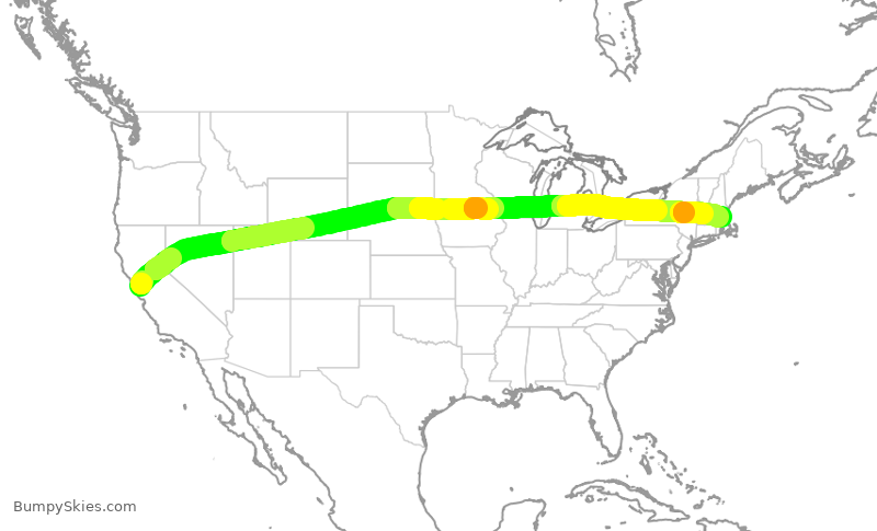 Turbulence forecast map for JBU1634, SFO to BOS
